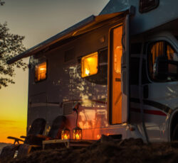 Scenic,rv,camping,spot,during,sunset.,class,c,motorhome,camper